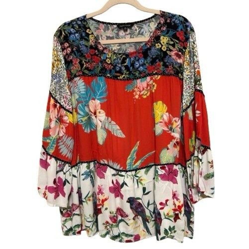 John Mark Patchwork Floral Bird  3/4 Bell Sleeve Tunic Top Womens XL Boho Blouse